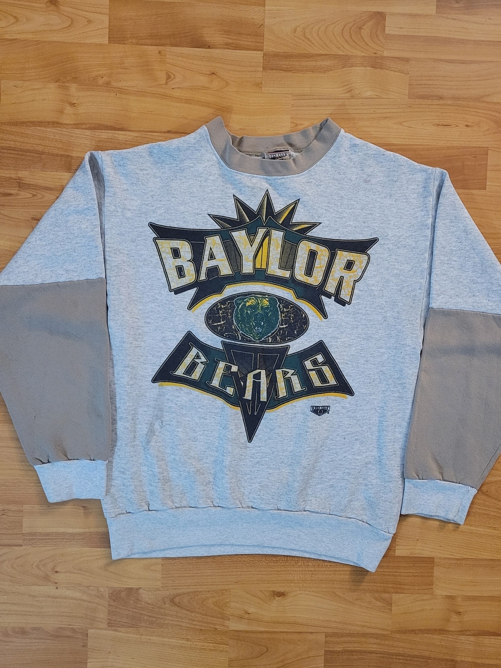 Vintage Baylor Bears Gray Mens Medium Crewneck Sweatshirt Brown Ringer & Sleeves